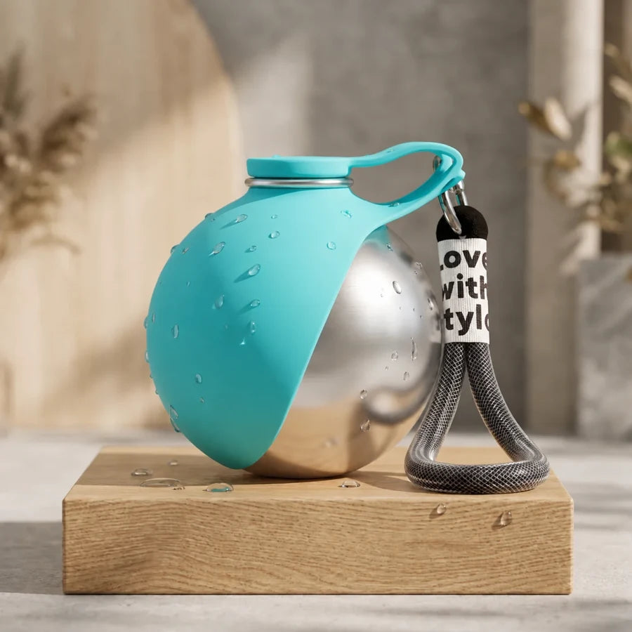 Turquoise portable dog water bottle with stainless steel body and fold-out drinking cover